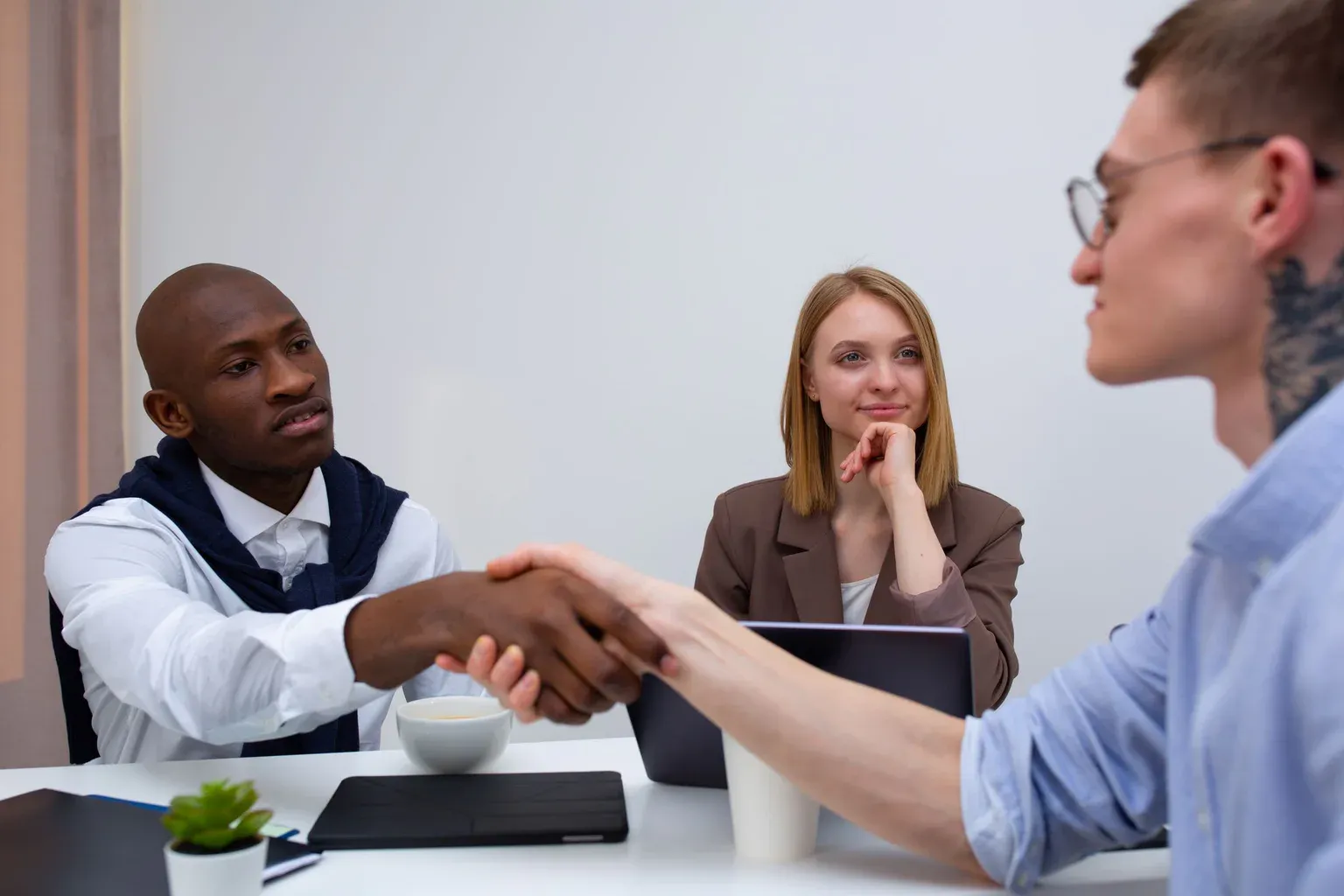Business professionals shaking hands after reaching an agreement
